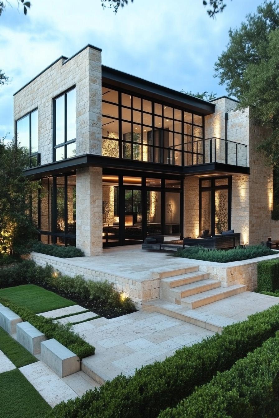 Contemporary house with large glass windows and stone façade