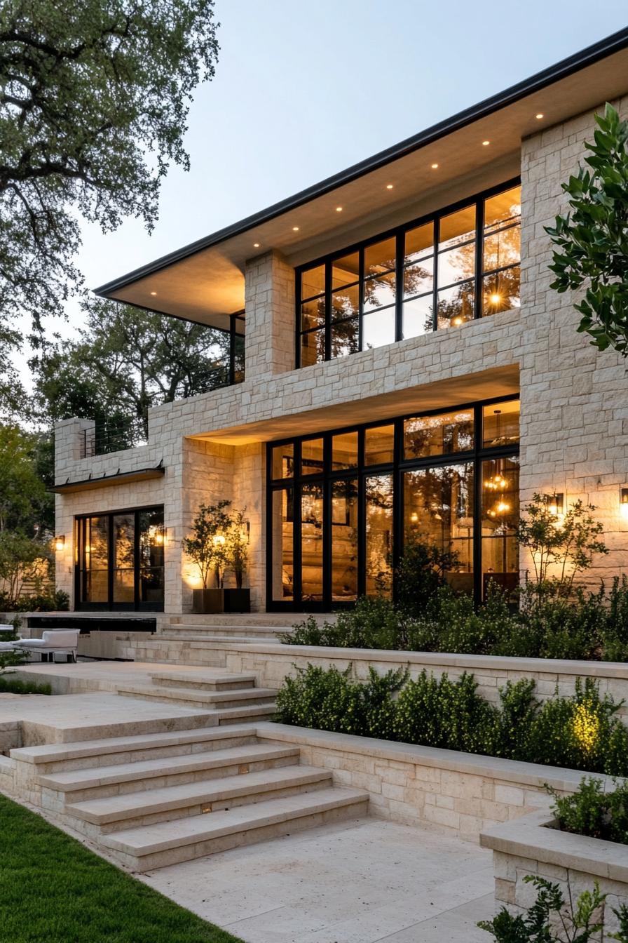 Modern stone house with large windows and a lush garden