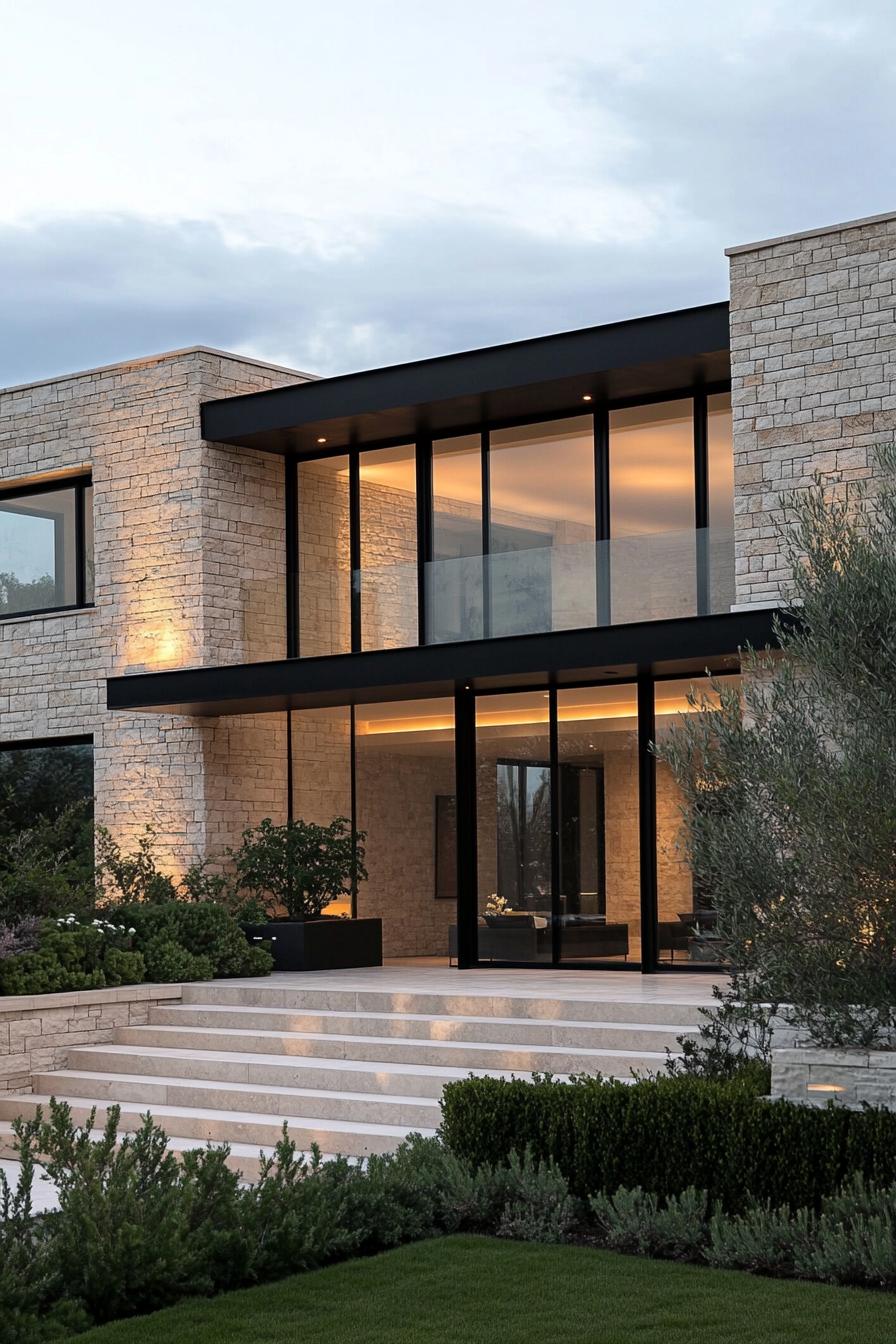 Contemporary stone and glass house with lush greenery