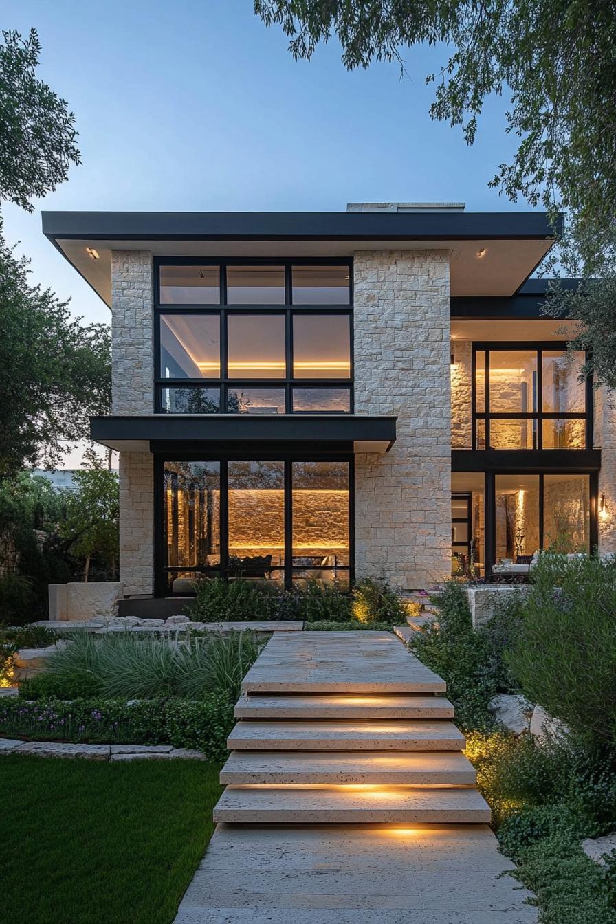 Modern stone house with large windows at dusk