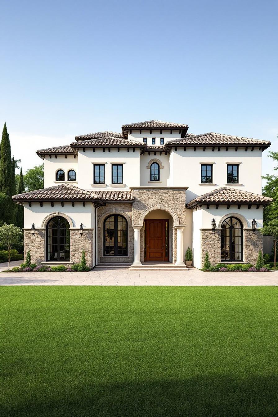 Elegant Mediterranean-style house with stone facade and arched windows