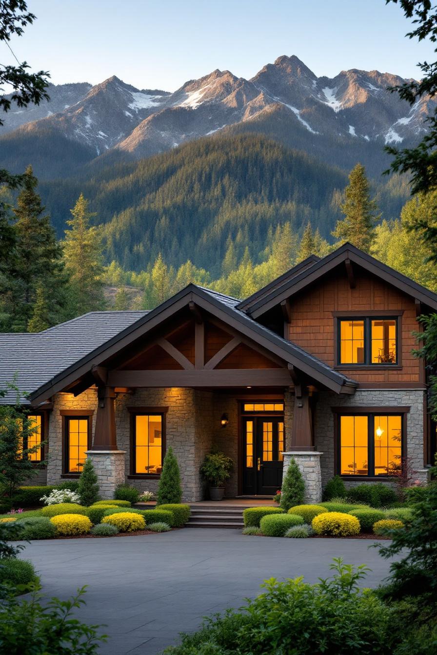 Cozy mountain house with glowing windows and lush garden