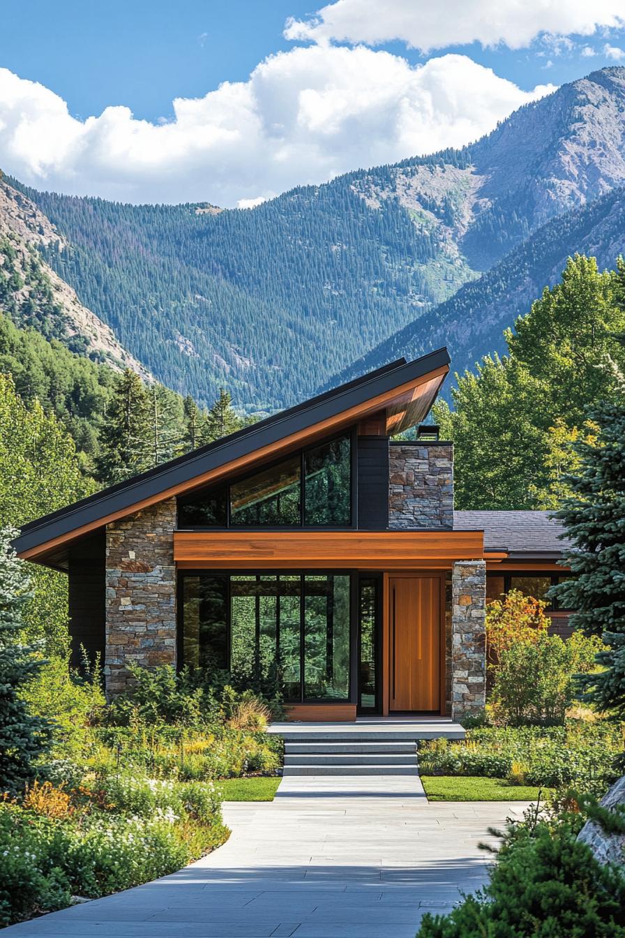 Modern mountain craftsman home with stone and wood facade nestled in lush greenery