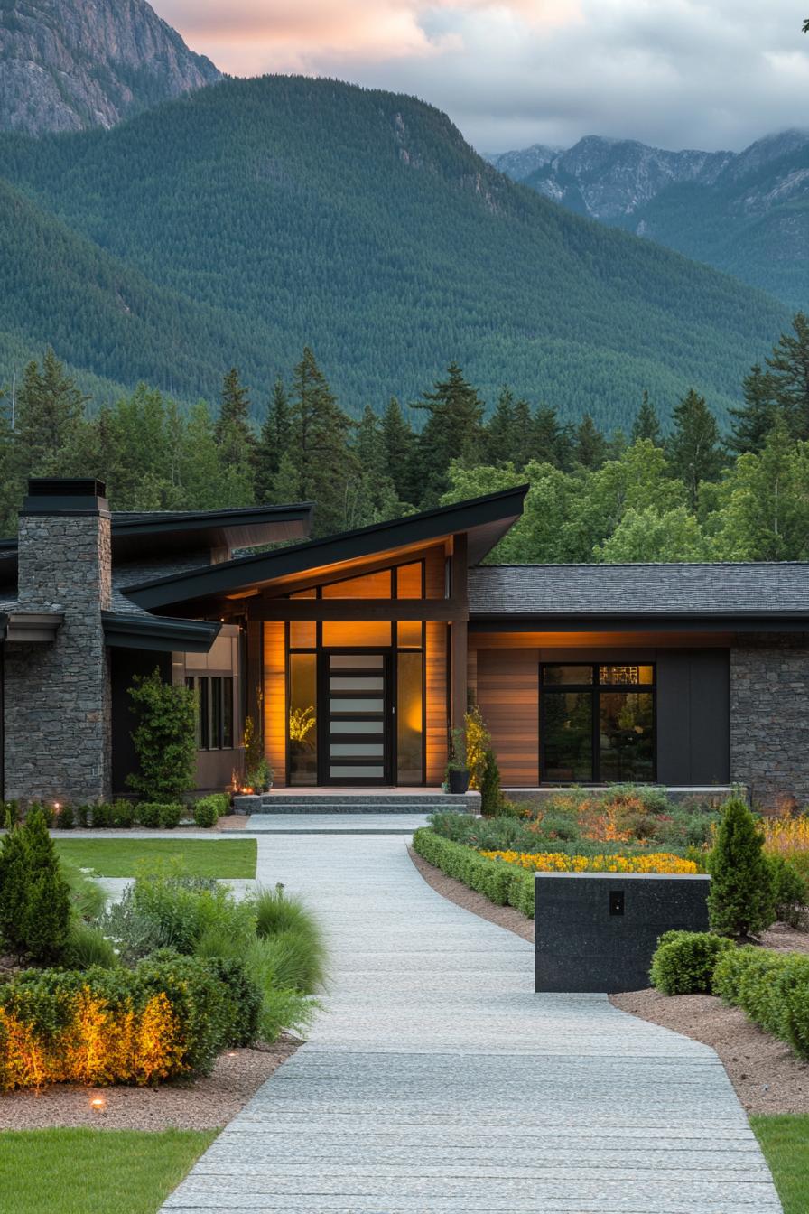 Modern mountain house with a stone facade and large windows