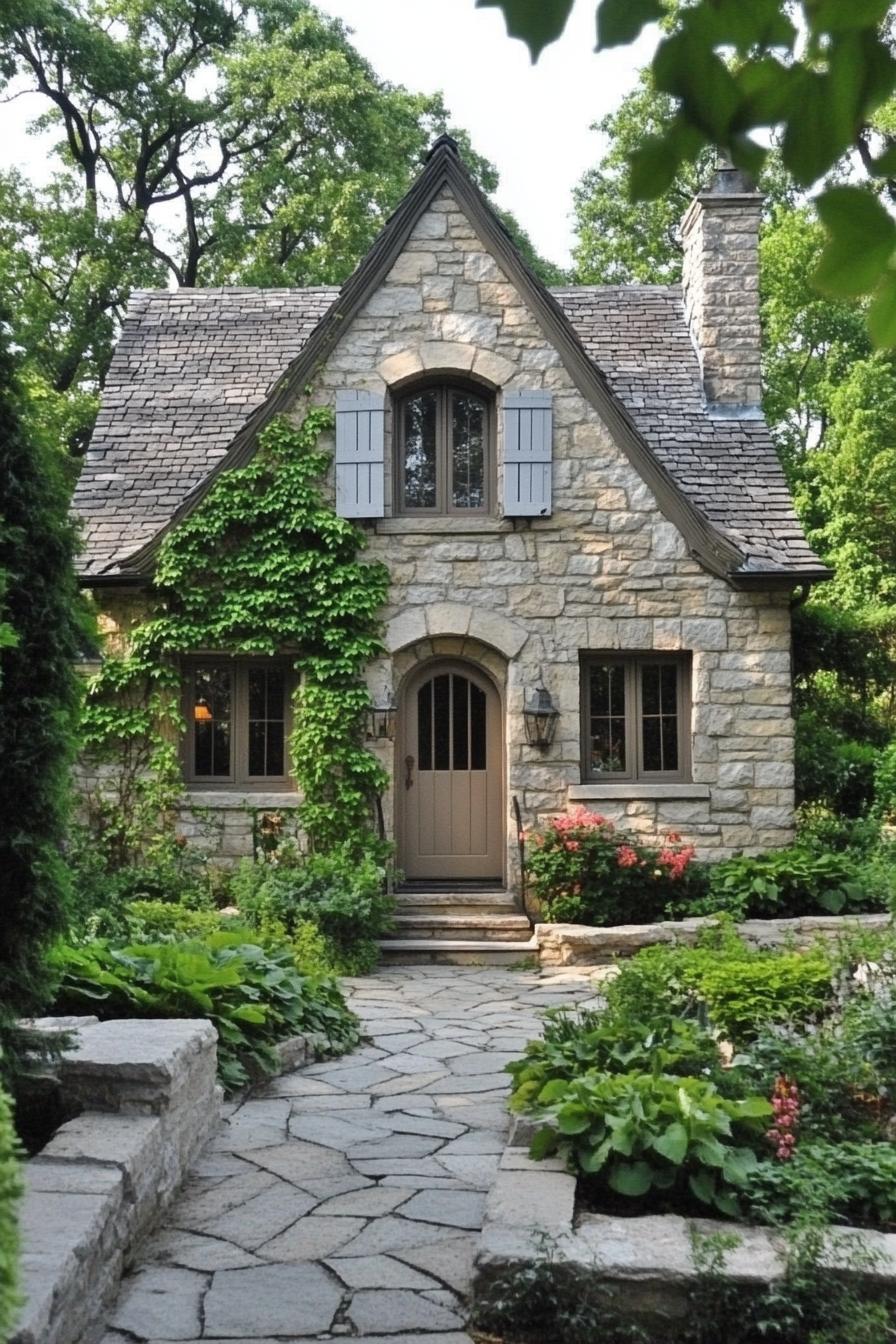 Whimsical stone cottage with lush greenery