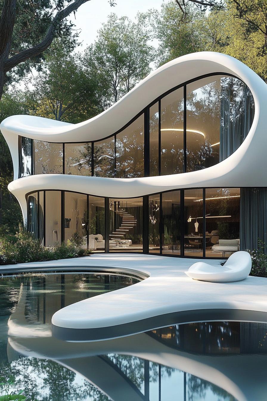 Futuristic home with wave-like architecture surrounded by nature