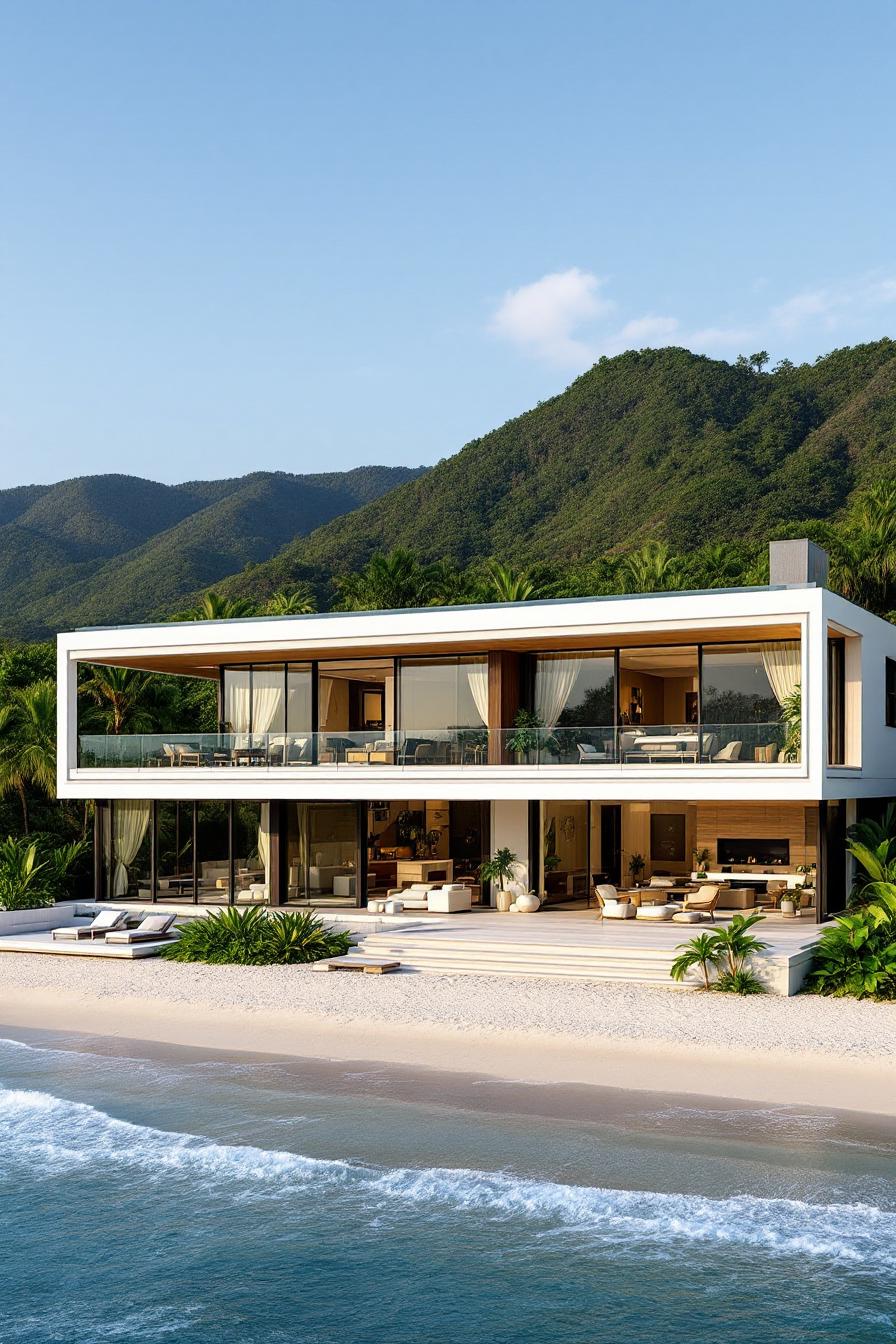 Modern beach house with large windows and a serene beachfront