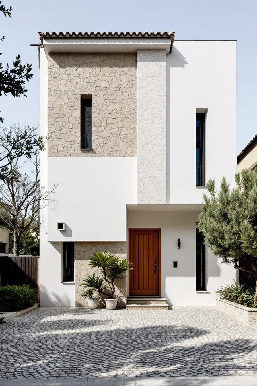 Modern Mediterranean villa with stone façade and wooden door