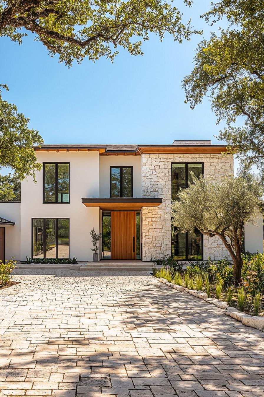 Elegant villa with stone facade and wooden door