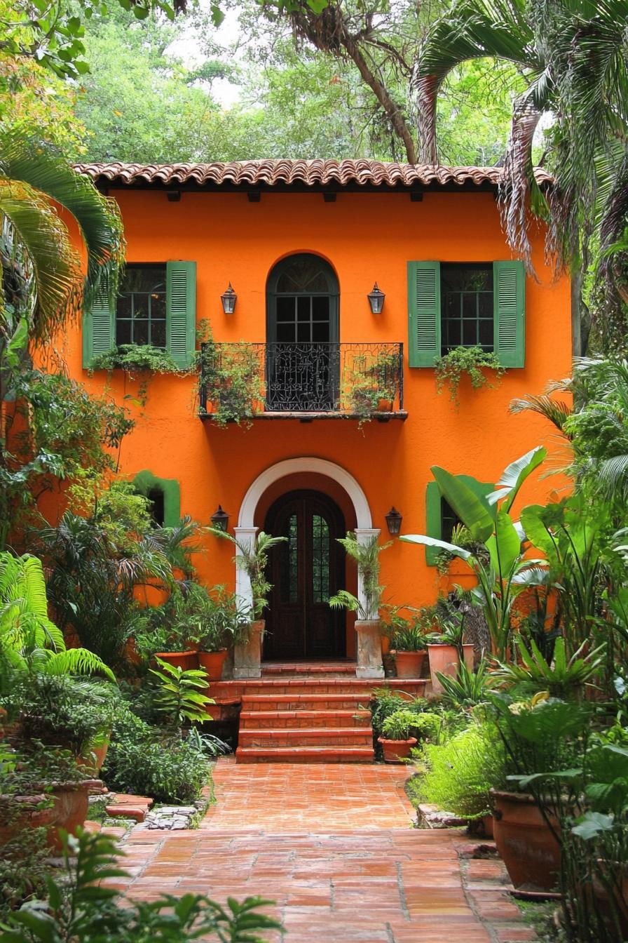 Vibrant orange house with green shutters surrounded by lush greenery