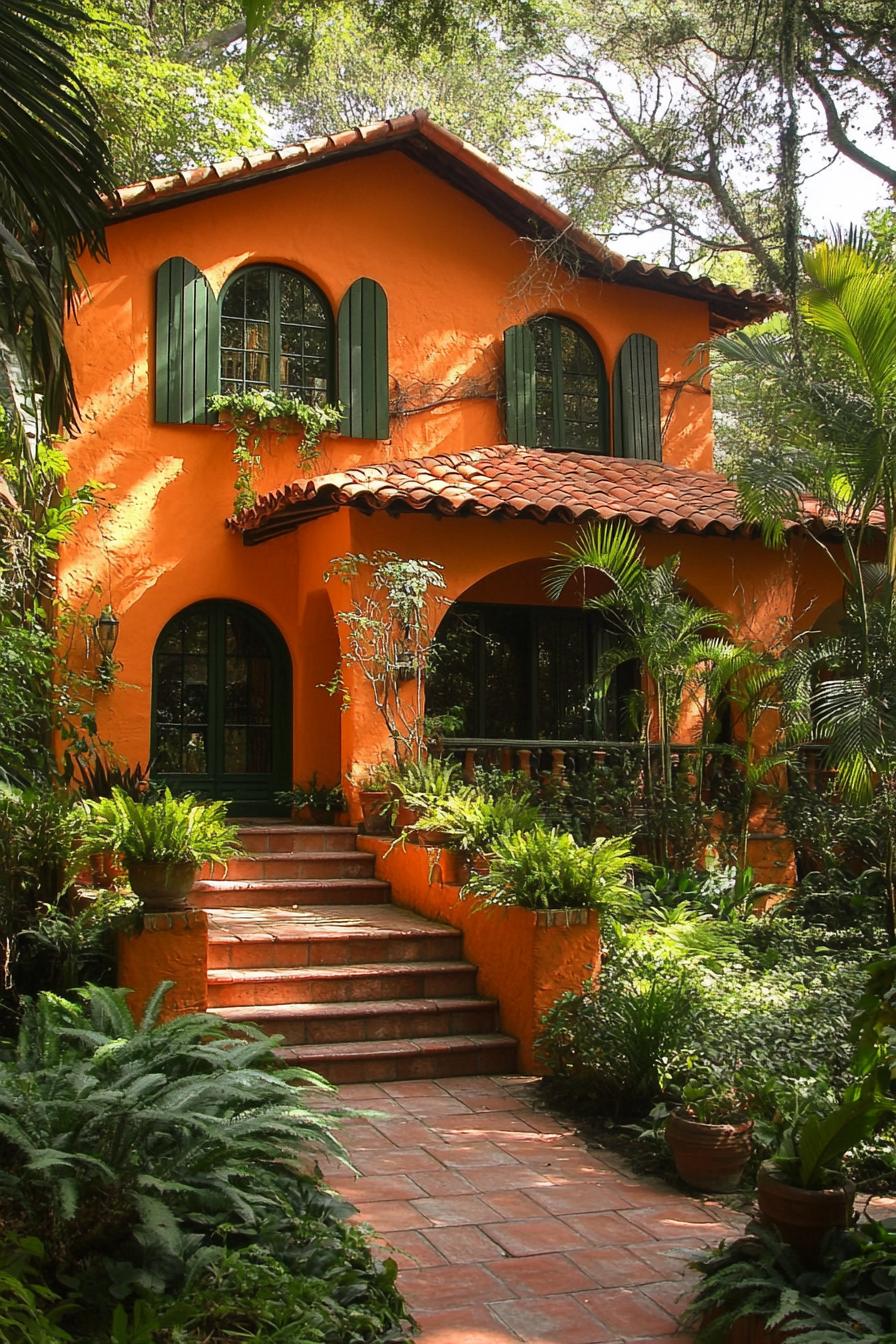 Orange house with green shutters surrounded by lush plants