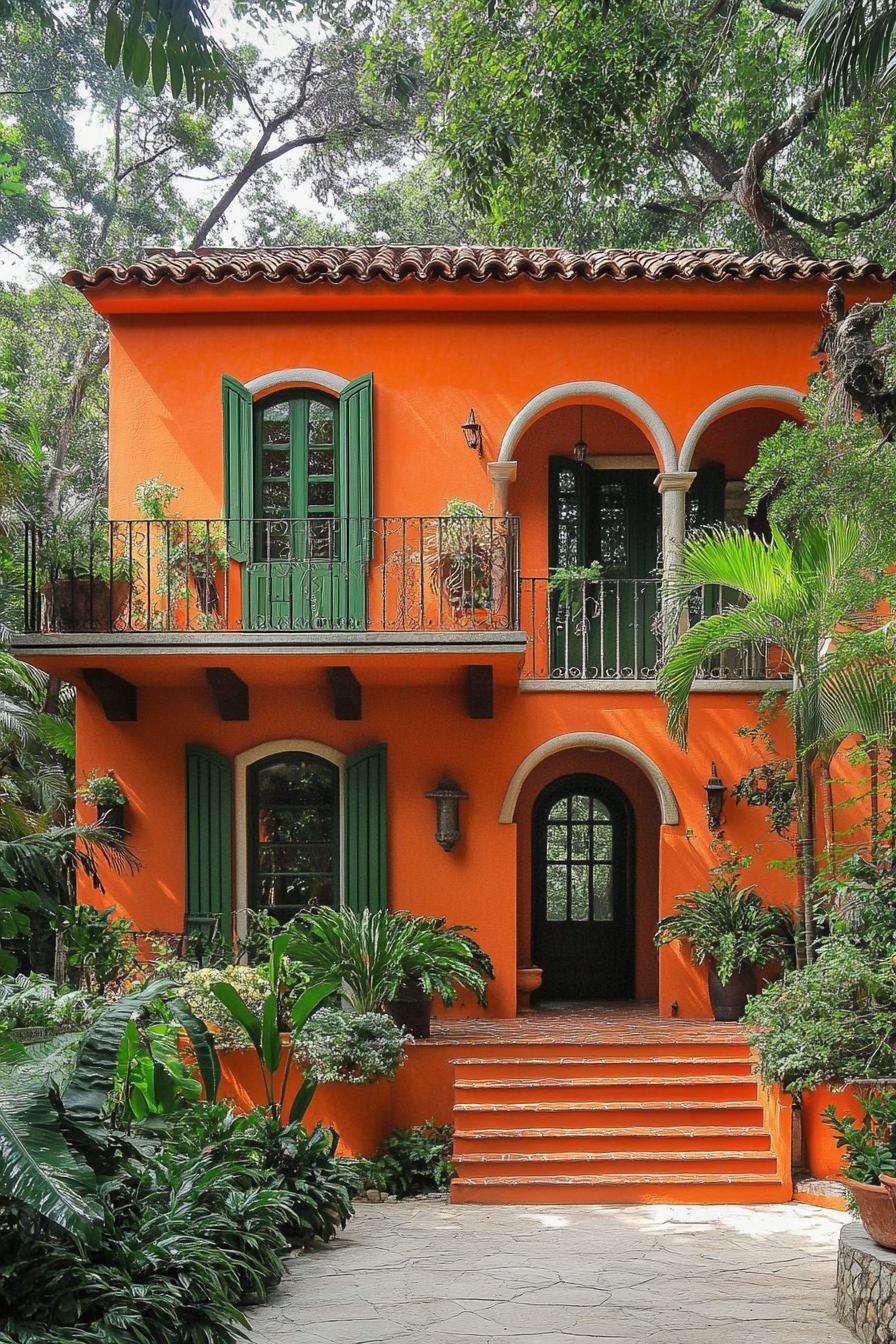 Bright orange house with green shutters surrounded by lush greenery