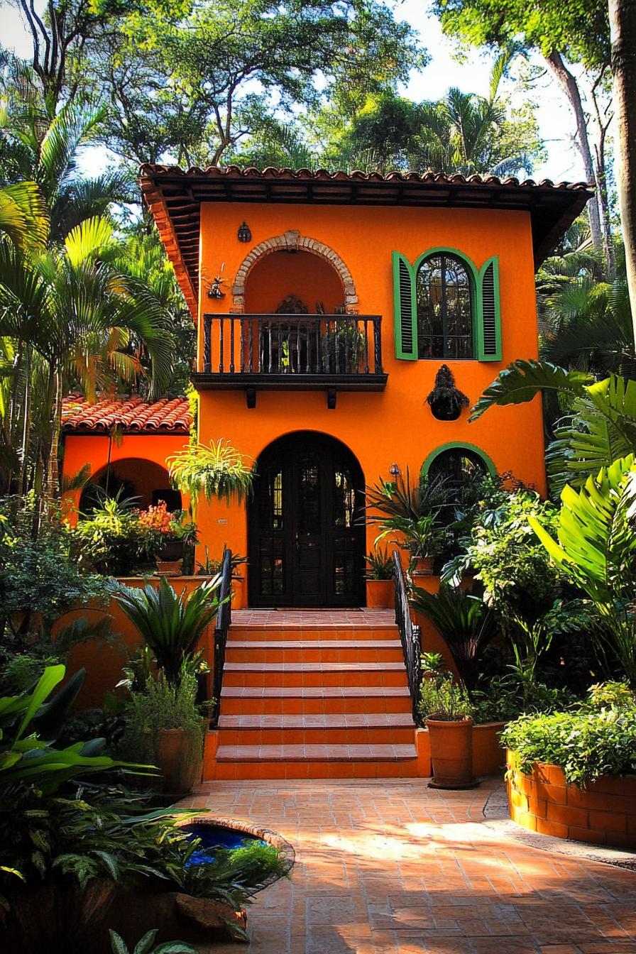 Bright orange Mexican house surrounded by lush greenery