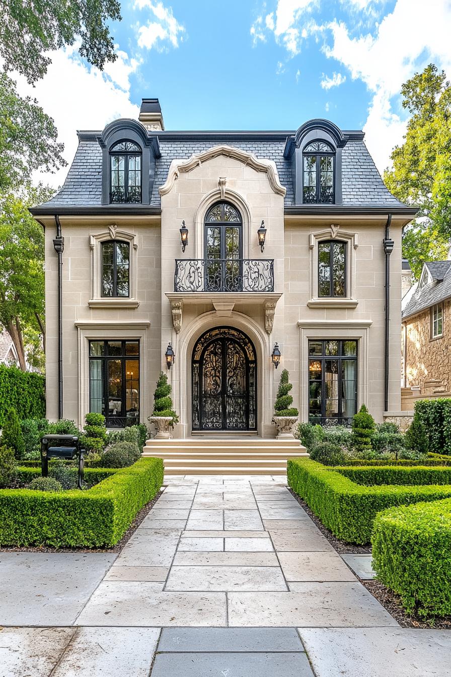 Elegant French house with ivy-clad stone walls and intricate ironwork