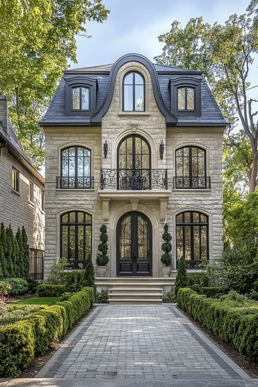 Beautiful stone-front French home exterior with classic and modern elements