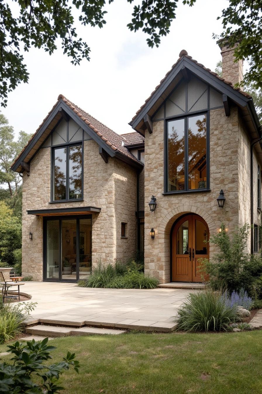 Charming stone house with large windows and a cozy entrance