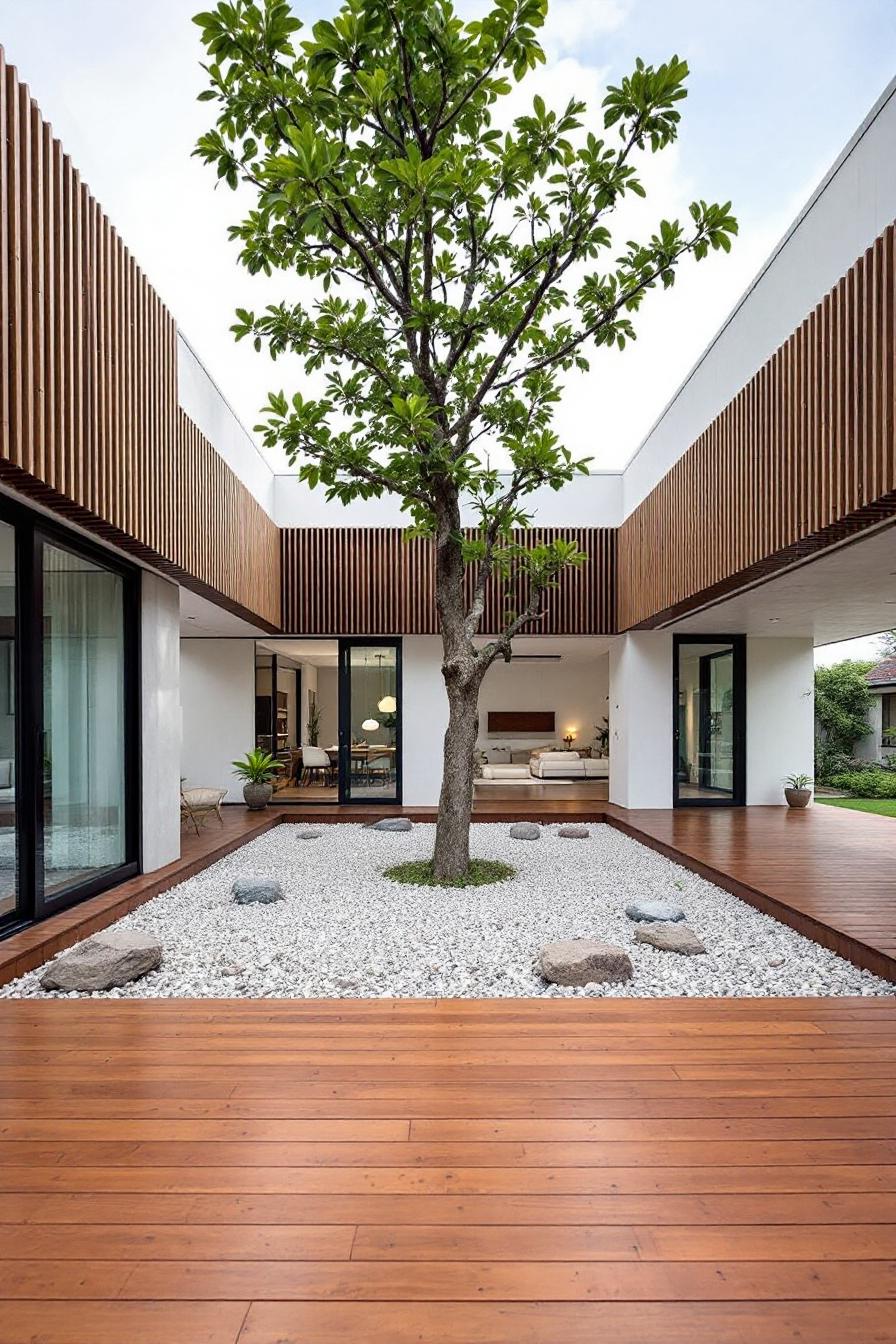 Modern Thai house with wooden deck and central tree