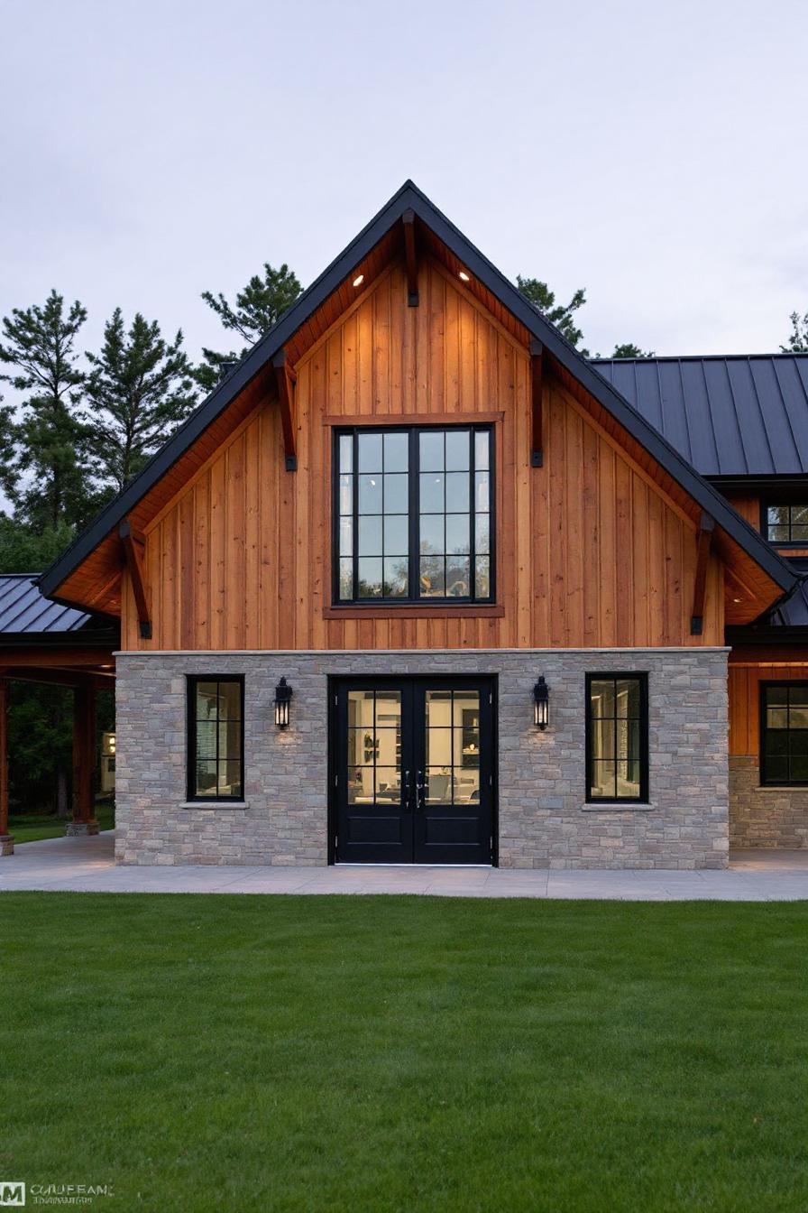 Charming wooden A-frame barndominium with stone accents