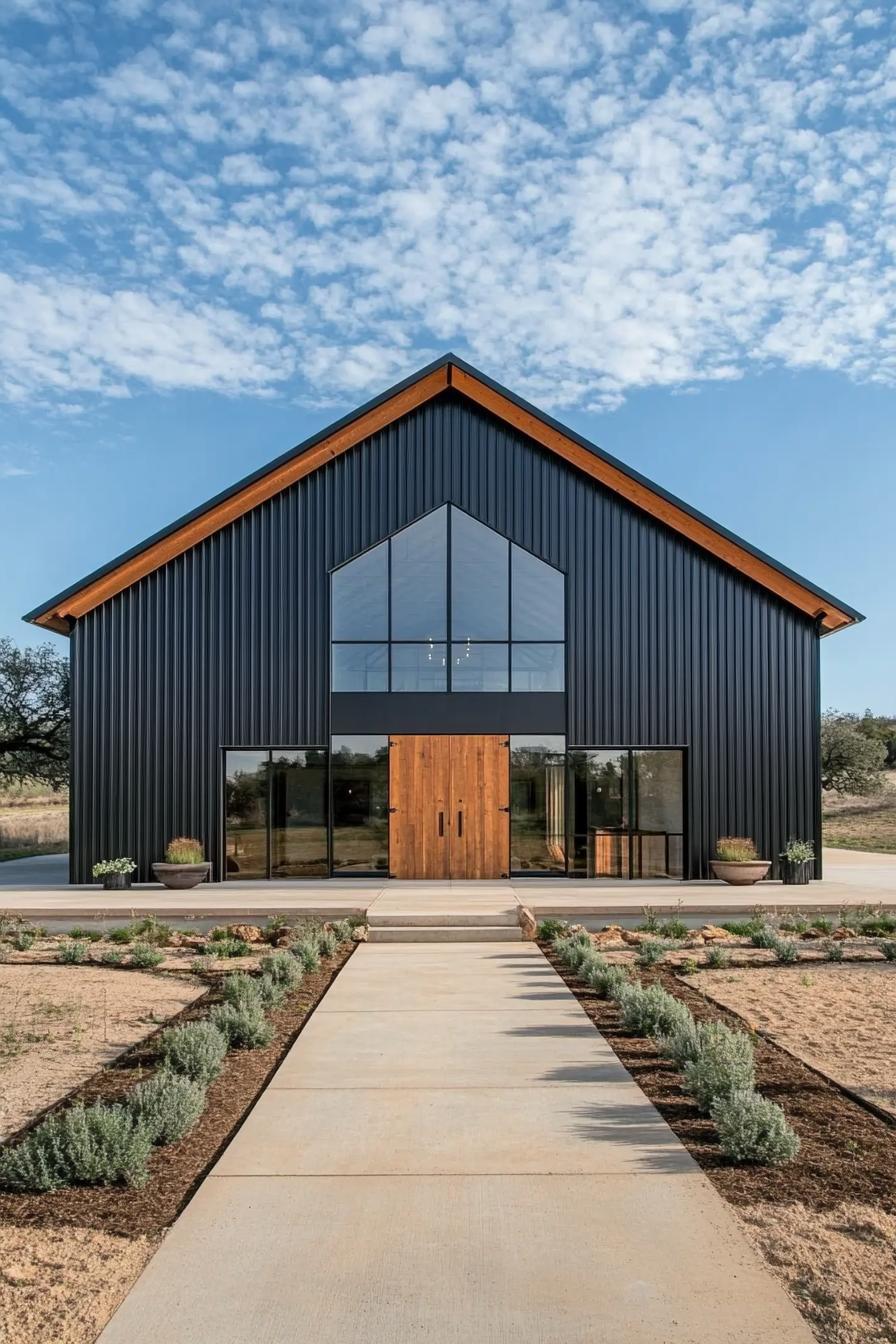 Modern barndominium with wooden doors and glass windows