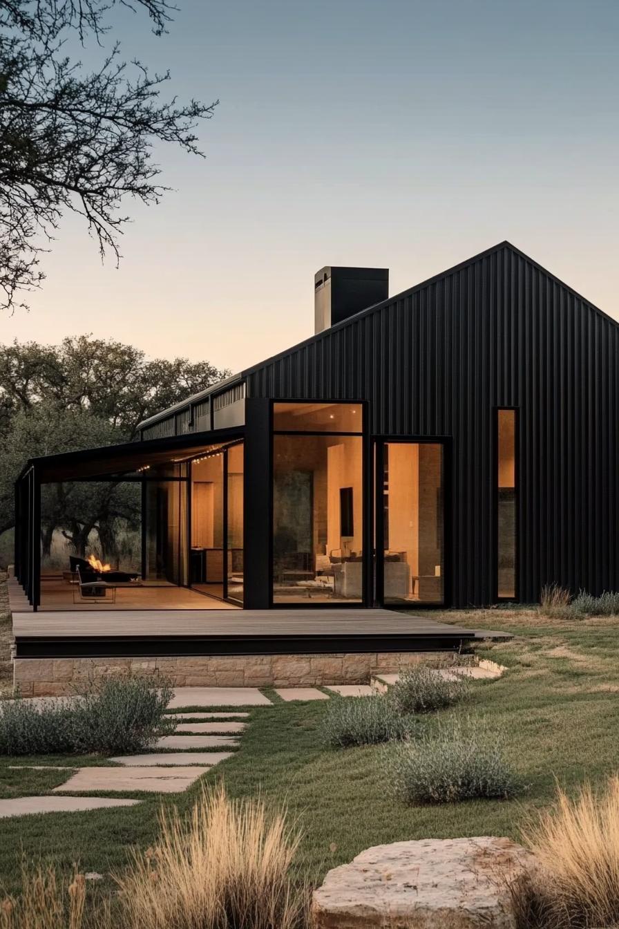 Contemporary barndominium with black exterior and large windows