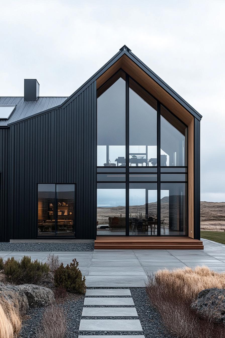 Modern barndominium with large windows and dark metal siding