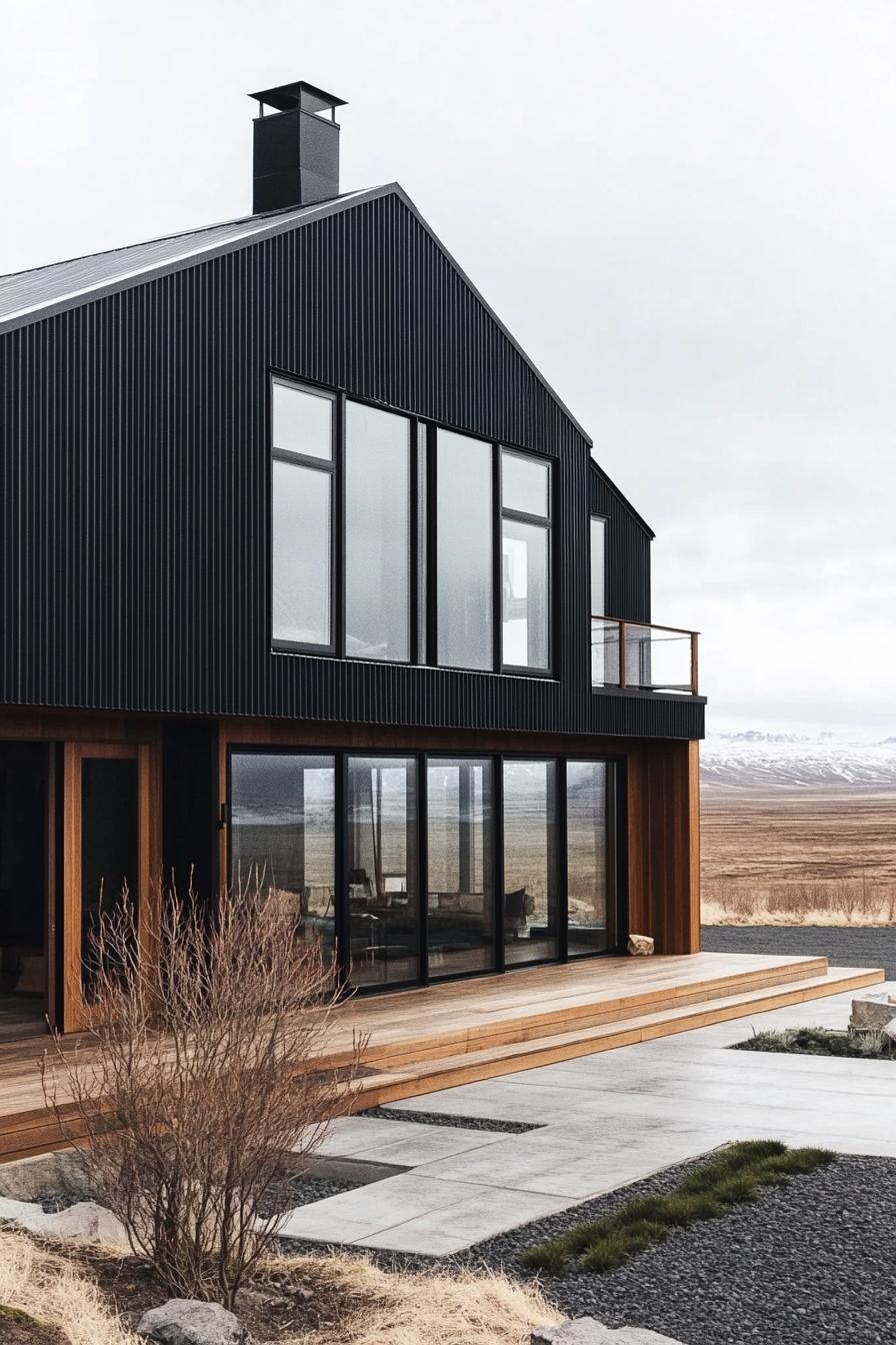 Modern barndominium with large windows and a black exterior