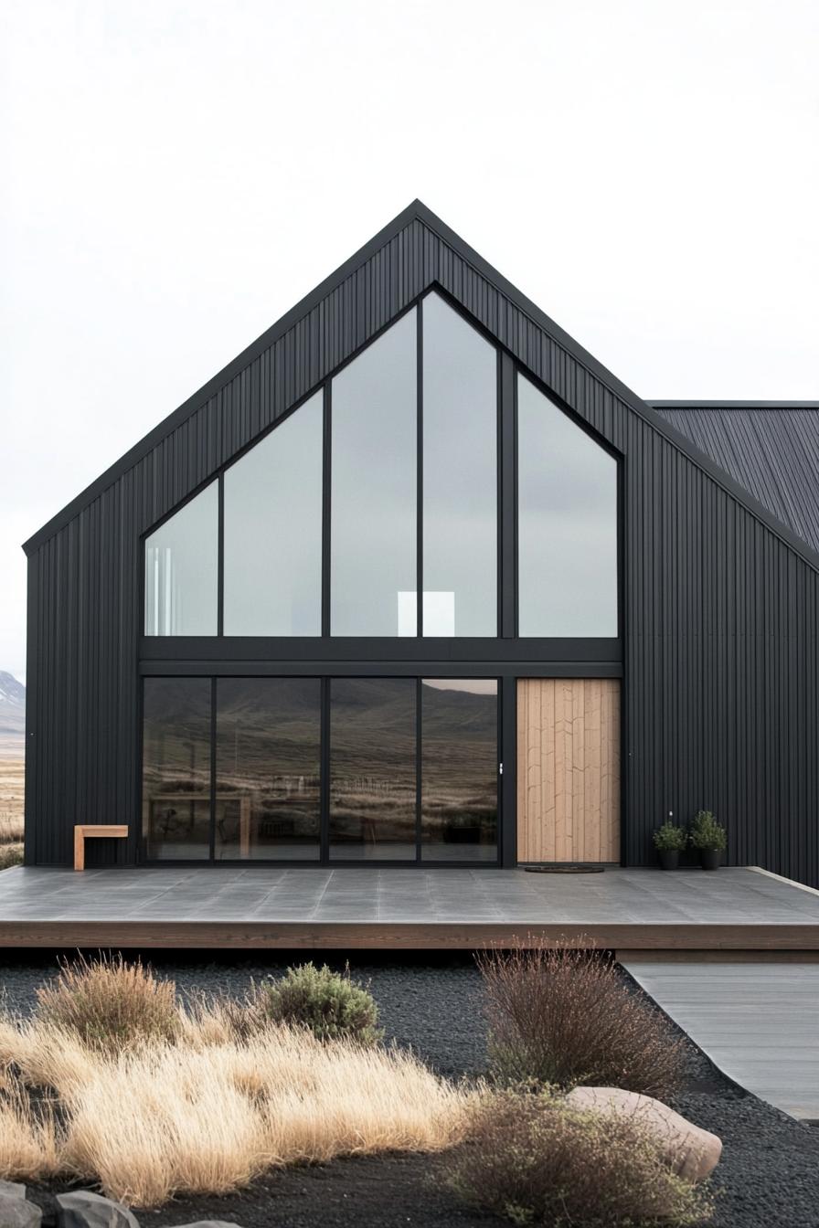 Tall glass-fronted barndominium with black metal cladding