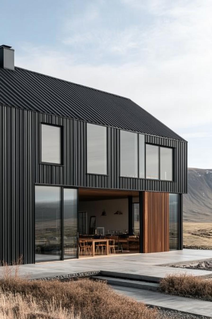 Modern black barndominium with large glass windows