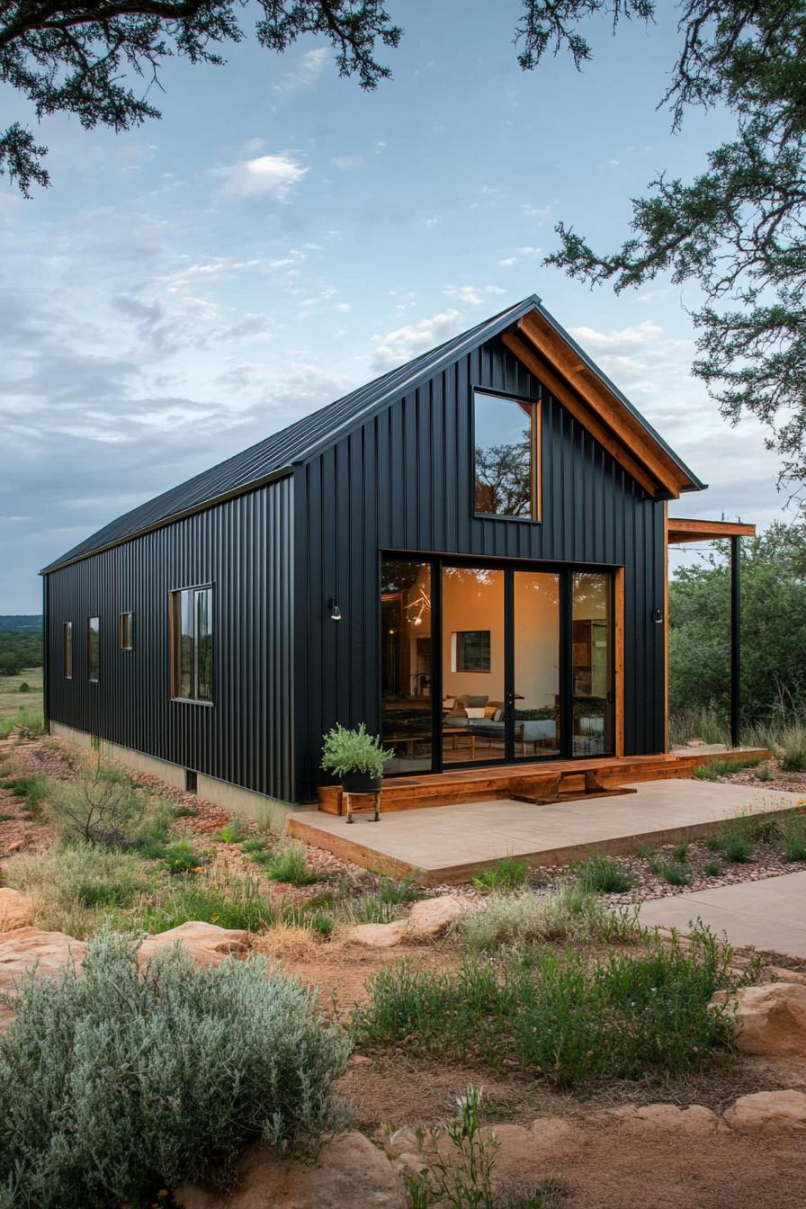 Chic metal barn with glass doors and wooden accents