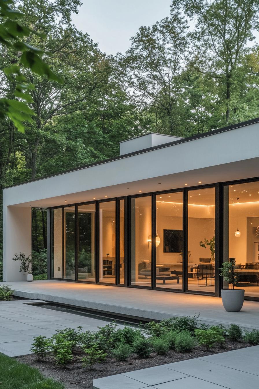 Sleek modern bungalow with large glass windows nestled among trees