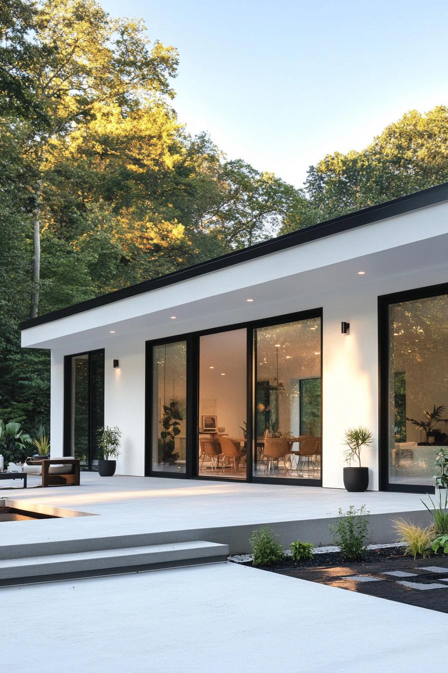 Modern bungalow with large glass windows surrounded by trees