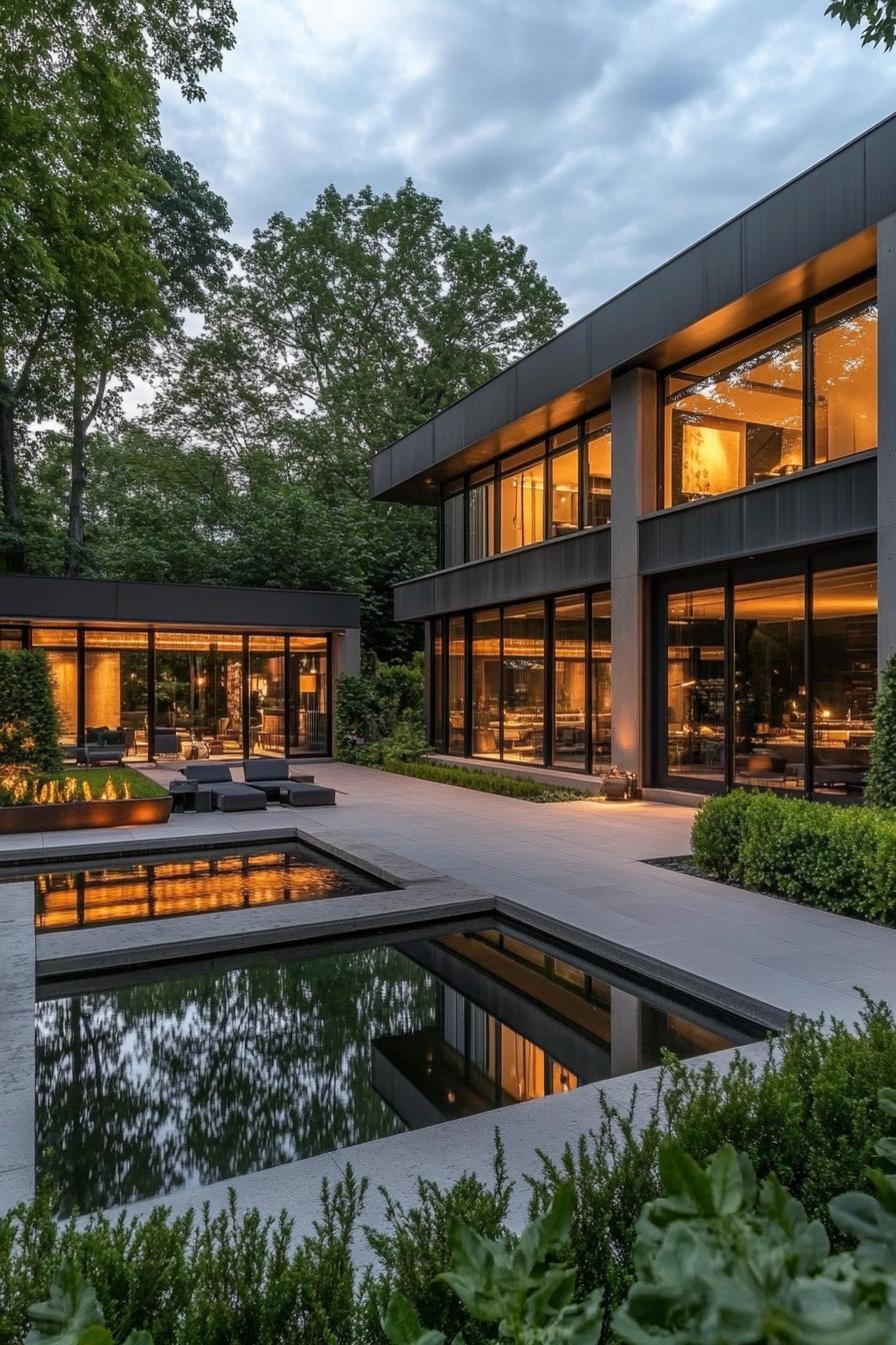 Modern house with glass walls and a tranquil courtyard