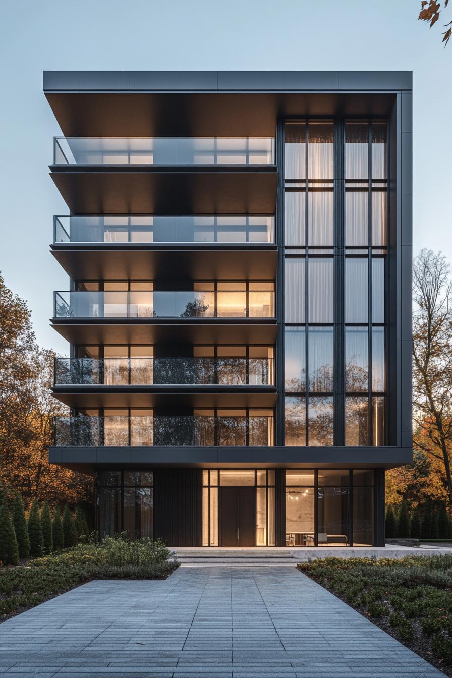 Modern apartment building with glass balconies and clean lines