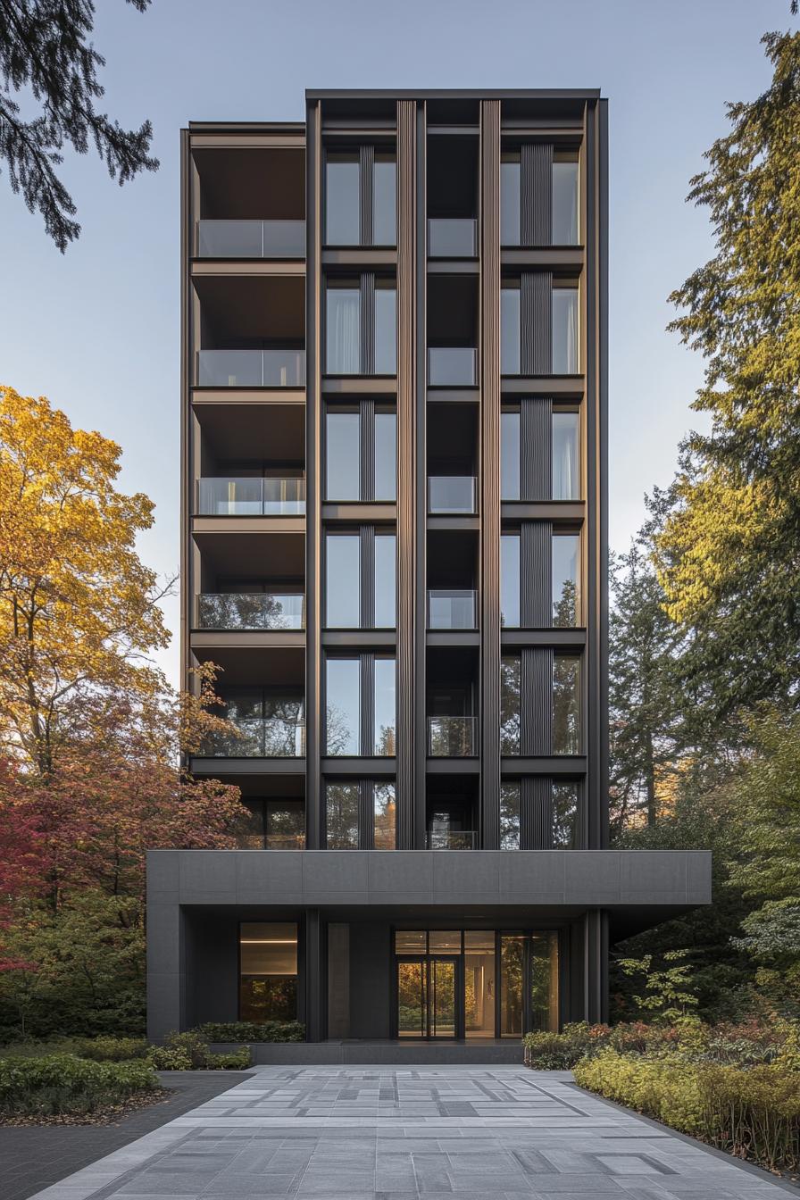 Modern high-rise building with large glass windows and balconies, surrounded by trees