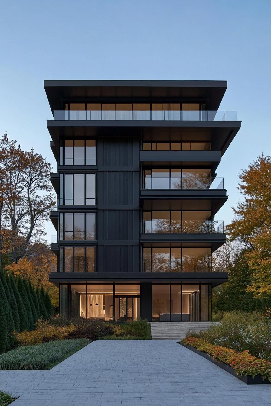 A modern glass building with balconies and surrounding foliage