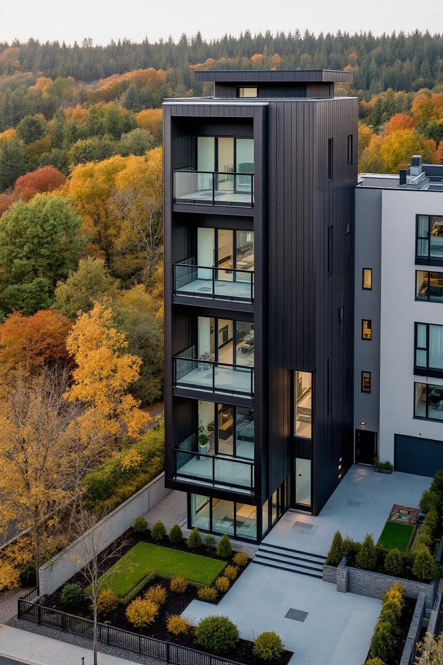 Tall modern building surrounded by colorful autumn trees