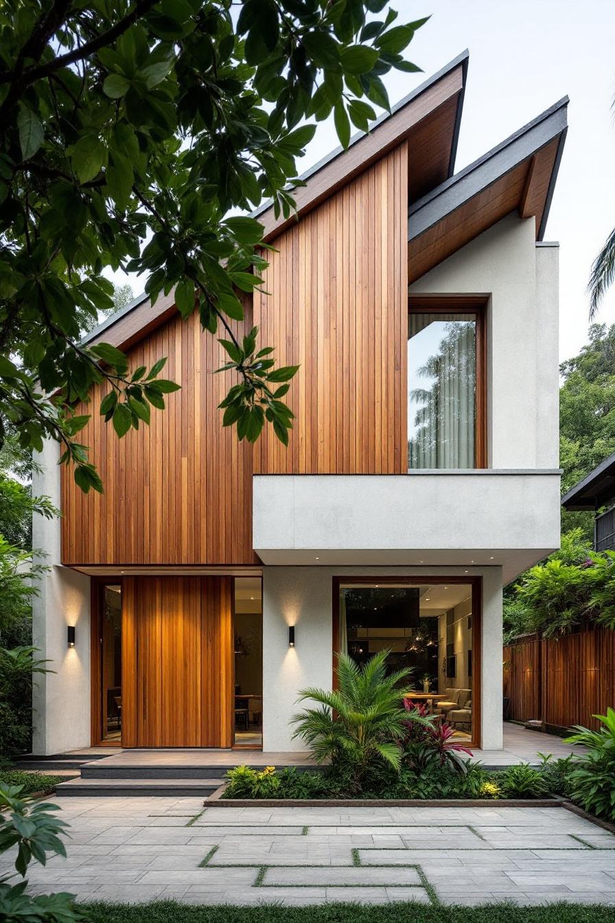 Modern house with wood paneling and lush surroundings