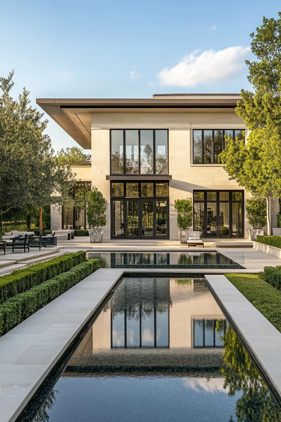 Modern home with expansive windows and pool reflection