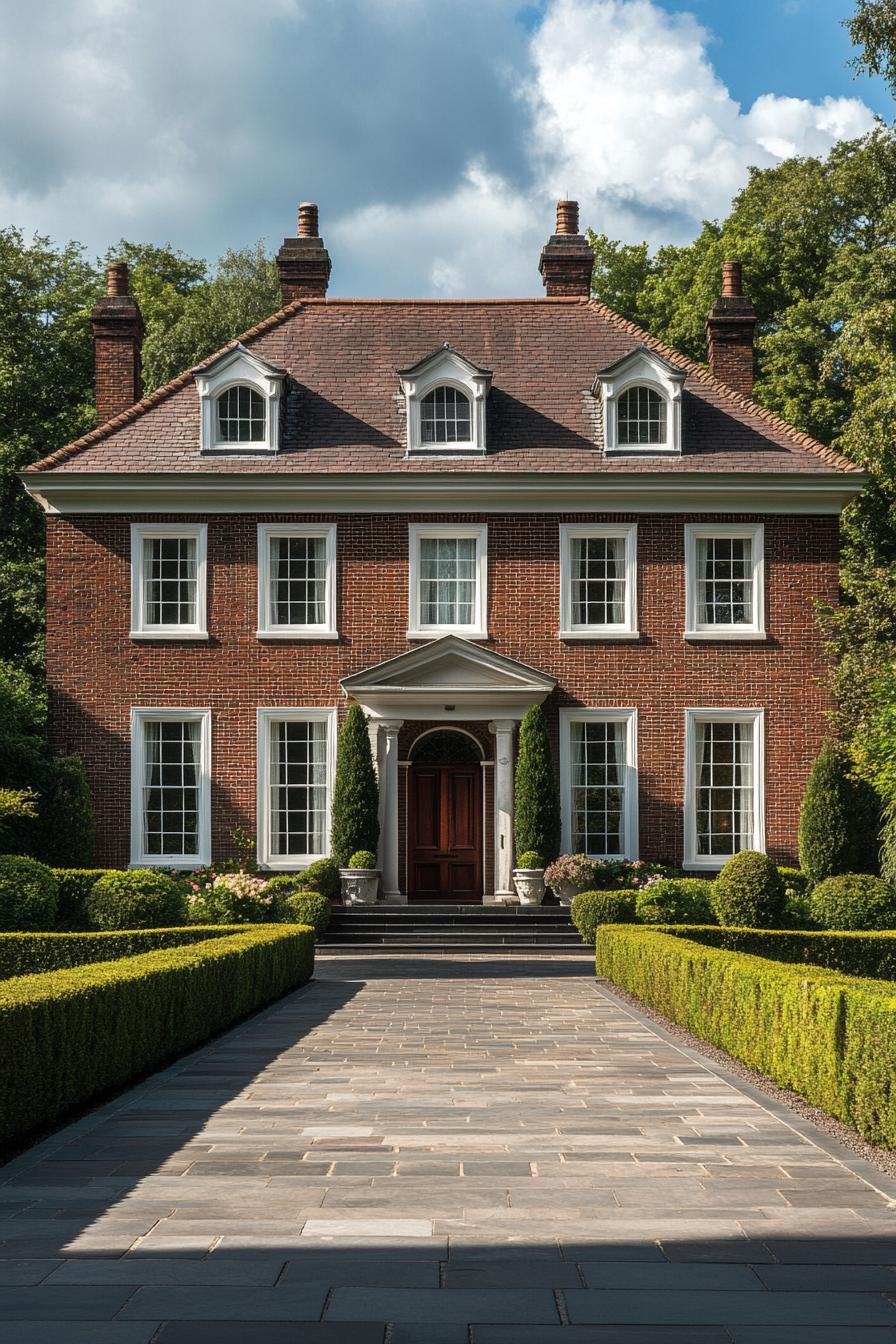 Brick Georgian house with manicured hedges