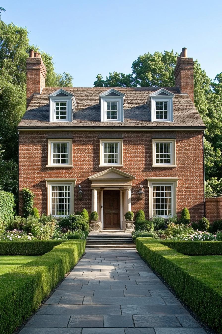 Symmetrical Georgian brick home with dormer windows