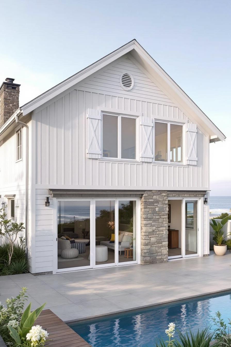 White house with stone accents and poolside view