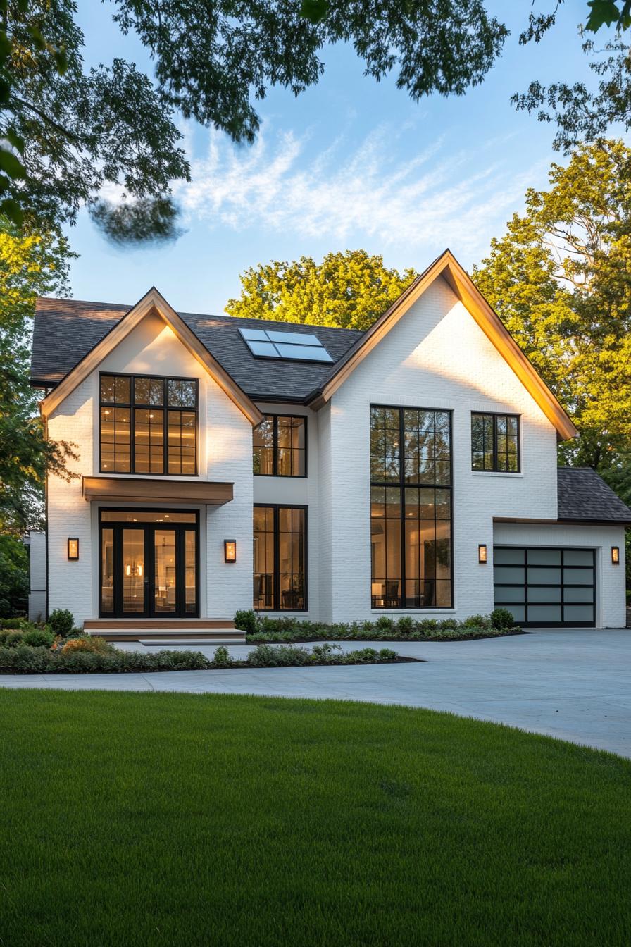 Elegant two-story home with large windows