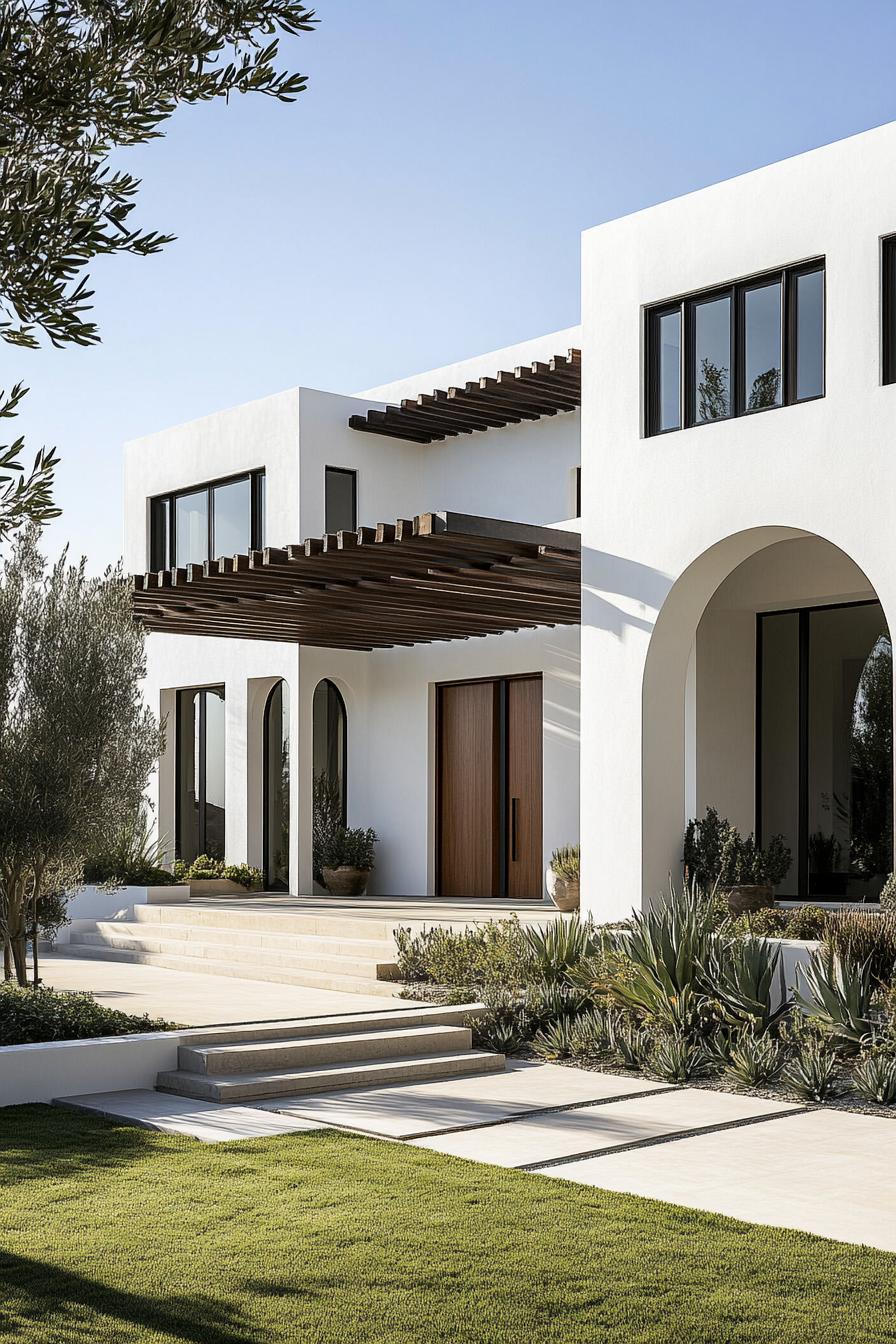 White stucco house with wooden accents