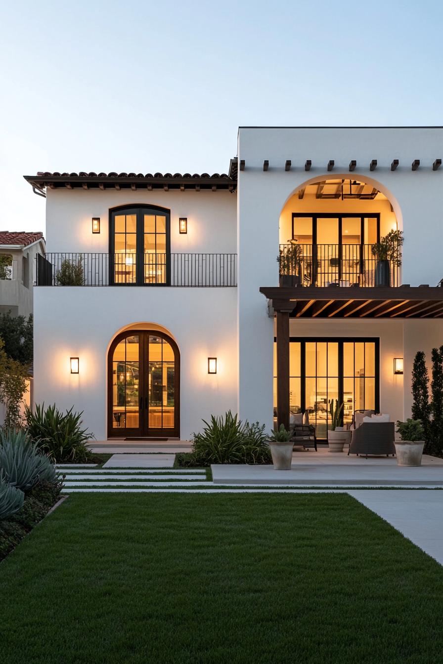 Two-story Mediterranean house with glowing windows