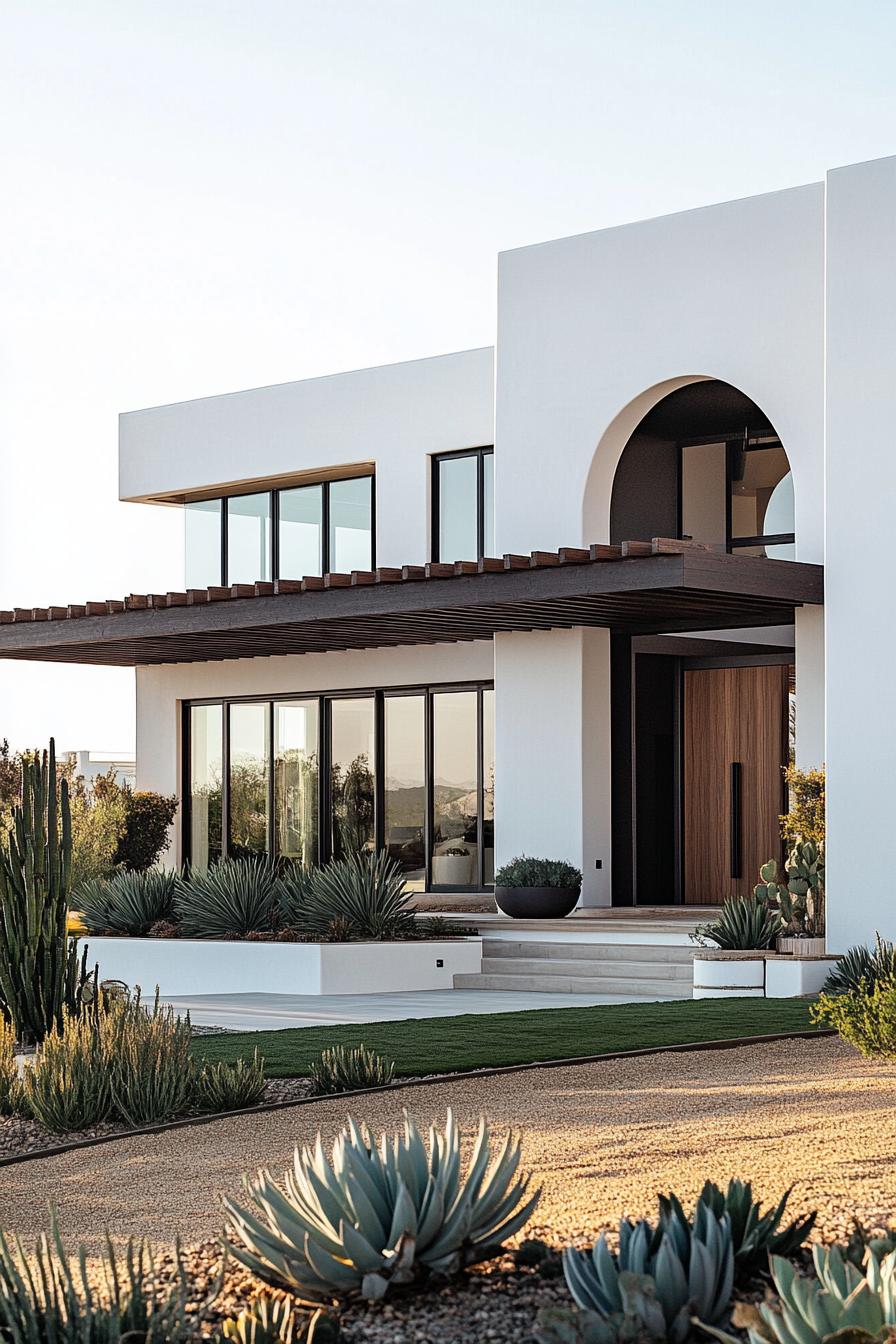 Modern house with white walls, large windows, and desert landscaping