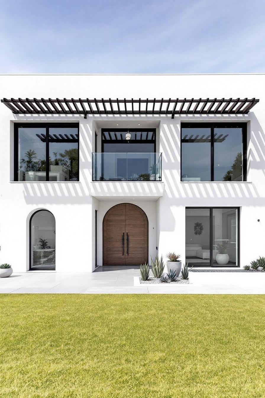 Bright Mediterranean-style house with large windows and a wooden front door