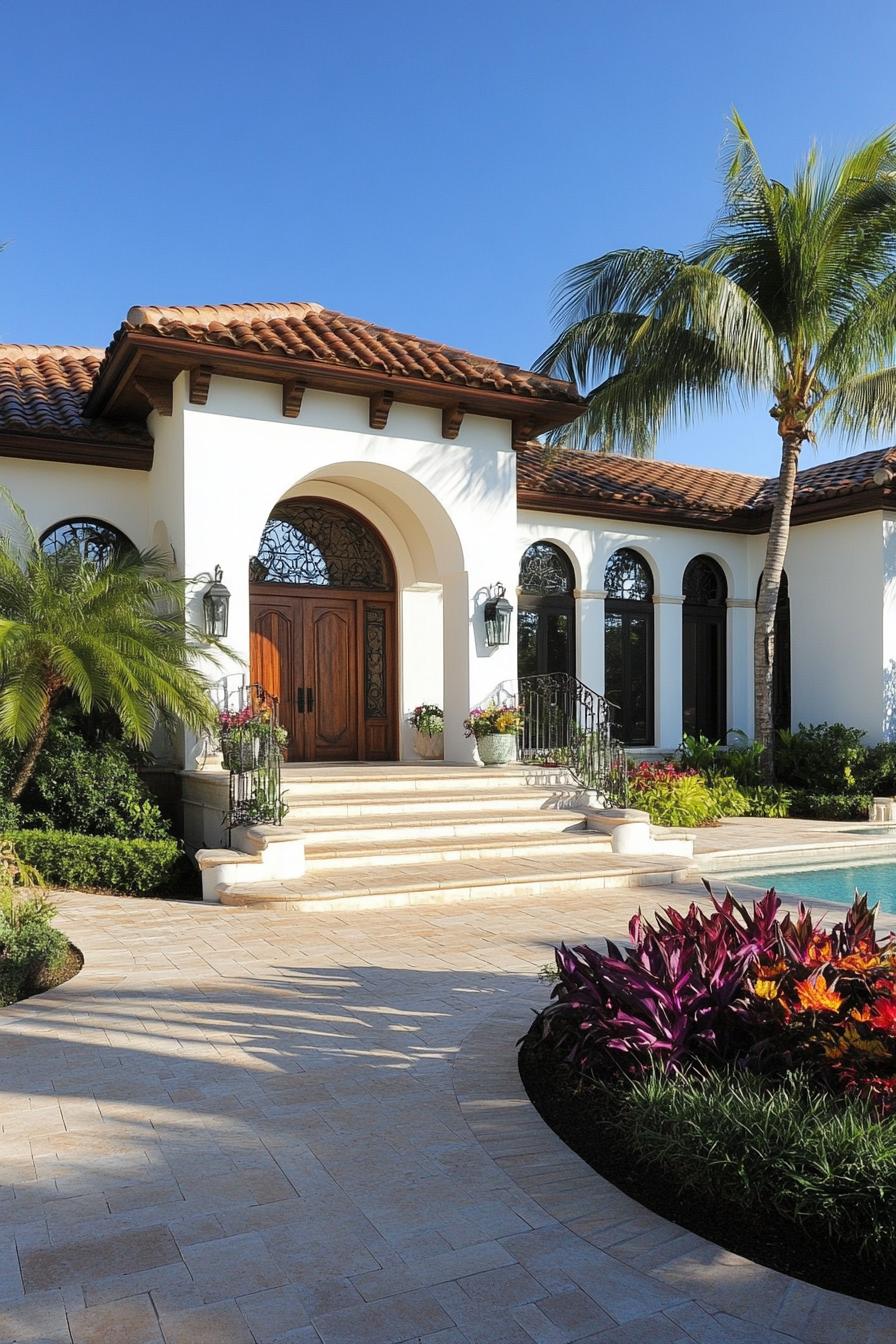 Spanish bungalow with lush garden and blue sky