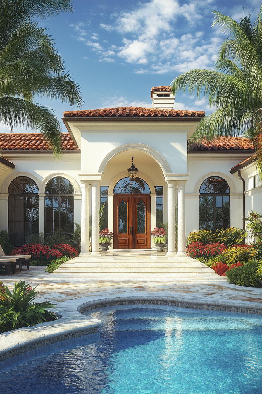 Sunny bungalow entrance with palm trees and pool