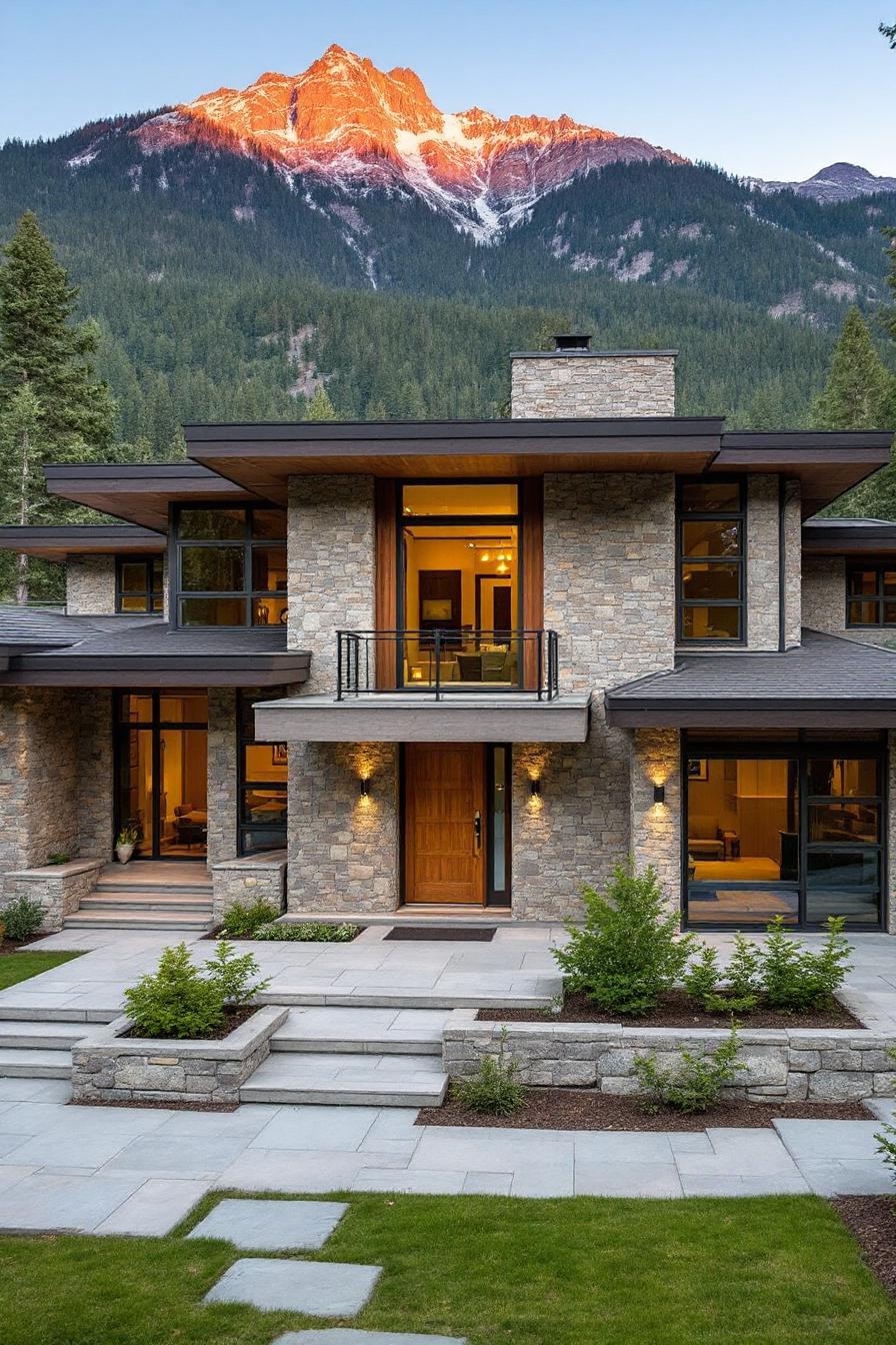 Modern stone house with mountain backdrop