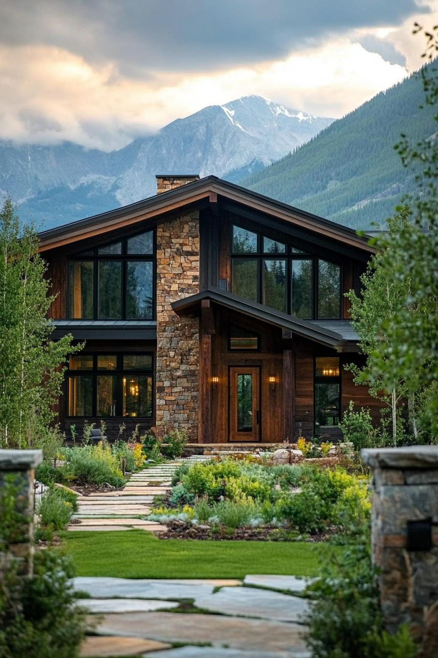 Mountain craftsman house nestled amidst lush greenery, with mountains in the background